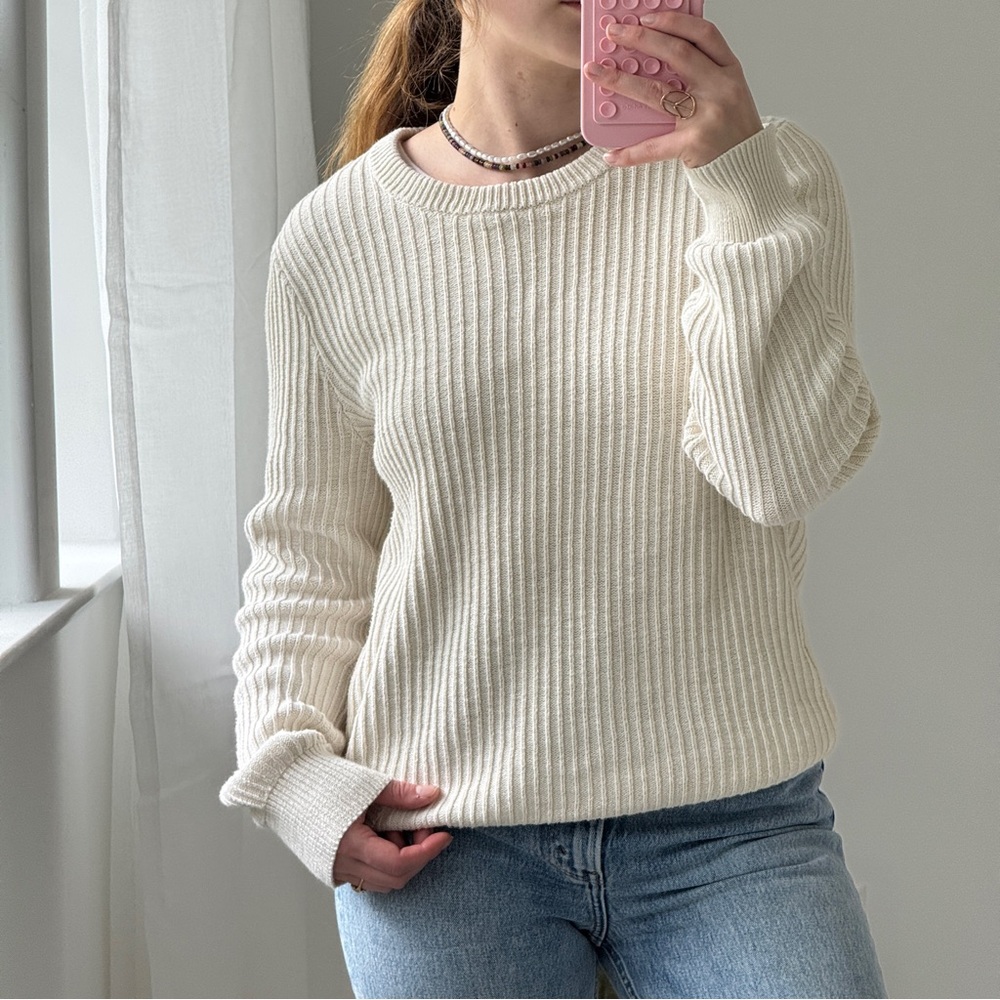 Frank & Oak Ribbed Cotton Sweater Cream Minimalist Crewneck Size M